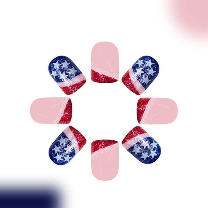 Independence Day Press on Nails Short Square Glue on Nails with Red White French Tip Designs USA Flag False Nails Blue Glitter Stick on Nail 4th of July Fake Nail for Women Girls Manicure 24Pcs