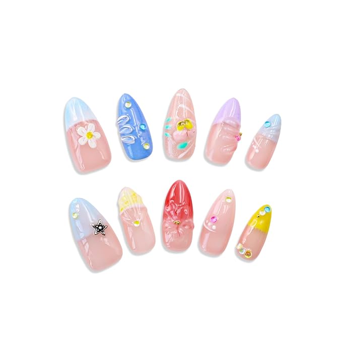 Handmade Flower Press on Nails Blue French Tip Fake Nails with Stars Designs 3D White Flower & Water Ripple False Nail Full Cover Medium Almond Artificial Acrylic Nails for Women（Size S)