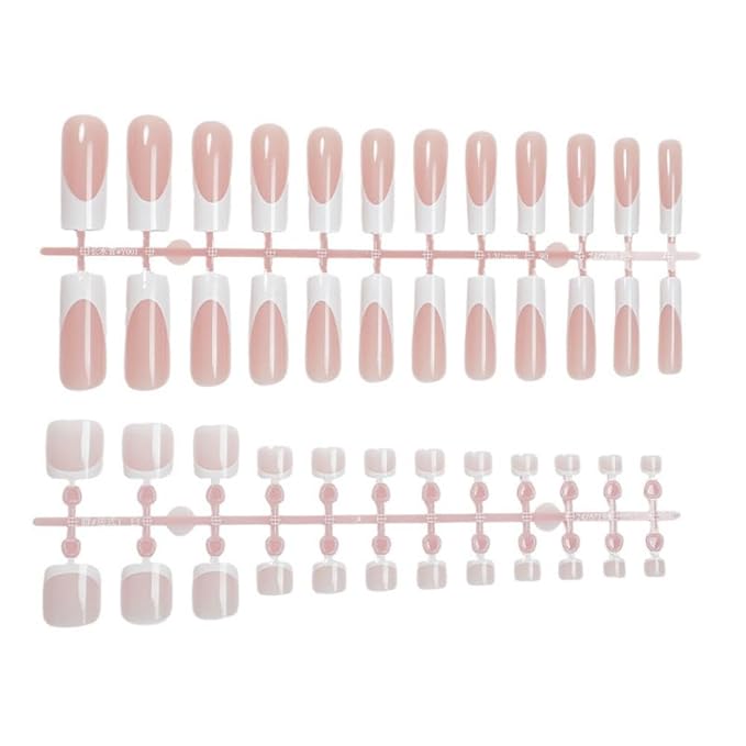 48Pcs White French Tips Press on Nails Nude Pink Press on Toenails Medium Long Square Glue on Nails with Designs Full Cover Skintones False Nails Glossy Summer Fake Toenails for Women DIY Manicure