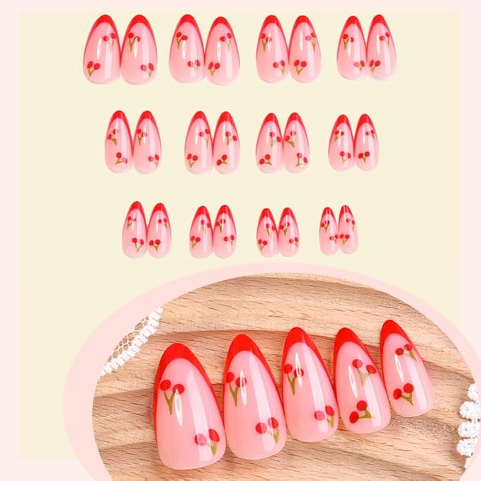 Red French Tip Press on Nails Almond Short Fake Nails Cute Nude Pink Full Cover Glue on Nails with Red Cherry Glossy Artificial Stick on Nail Reusable Mini Cherry Acrylic False Nail for Women 24Pcs
