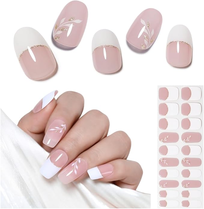 Arte Clavo Semi Cured Gel Nail Strips, White French Leaf, Gold Glitter, 20PCS Gel Nail Stickers, Wraps, UV Light Required, Salon Quality, Easy Application and Removal