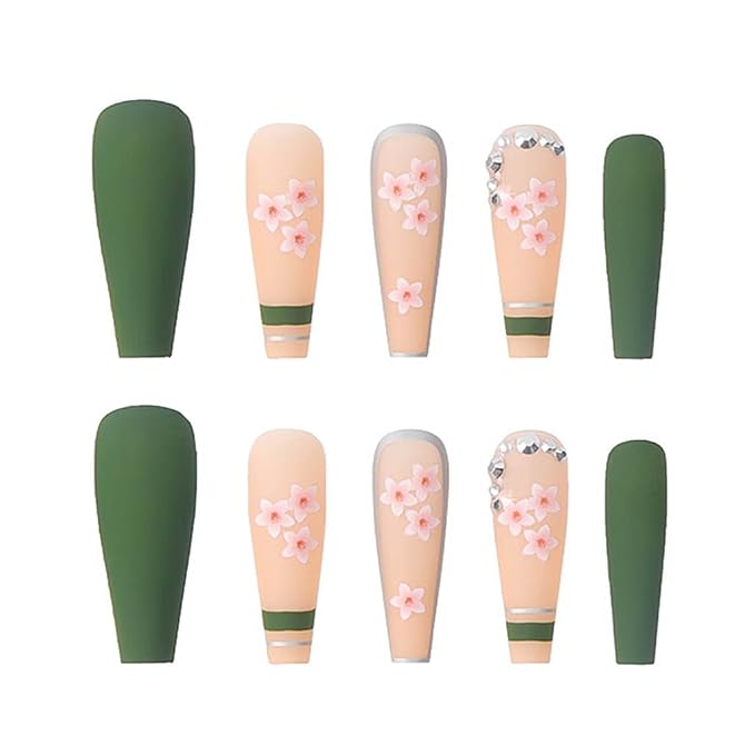 RikView Long Press on Nails Coffin Fake Nails with Flower Design Green Nails for Women and Girls