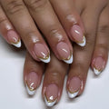 French Tip Press on Nails Short Almond Fake Nails Press ons with Designs Gold False Nails Glue on Nails White French Tips Glossy Full Cover Acrylic Artificial Stick on Nail for Women Manicure 24Pcs