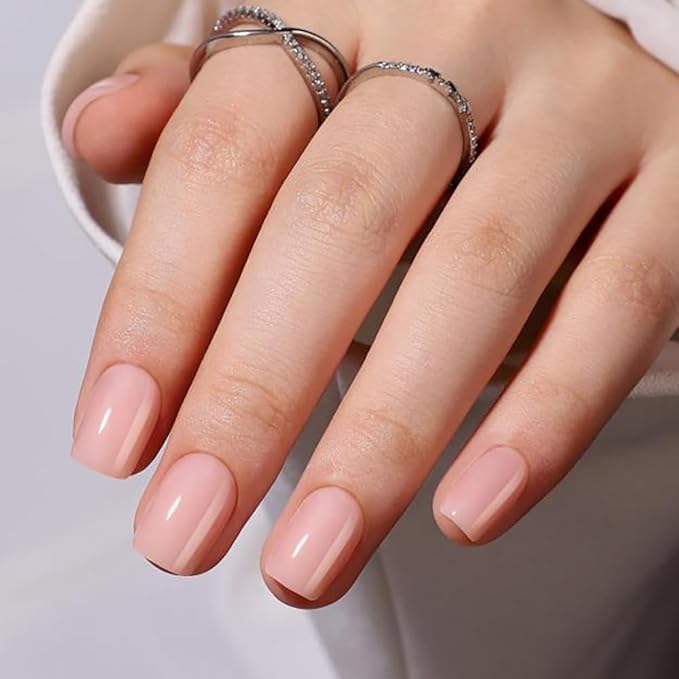 Square Short Press On Nails Pink – 30PCS Glossy Nude Pink Acrylic Fake Nails with Glue, 15 Sizes Reusable Stick On Nails Kit with Tools for Women, Natural Look DIY Manicure Set