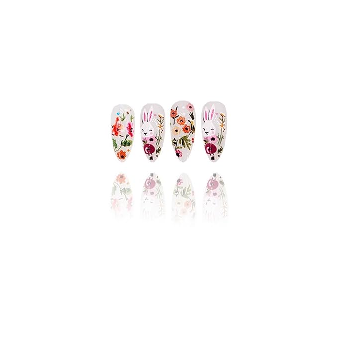 Easter Rabbit Press on Nails Medium Almond Shaped Fake Nails Cute Bunny Rabbit Designs Spring Colorful Flower False Nails Full Cover Acrylic Nails Stick on Nails for Women Nails Manicure Decor 24 Pcs