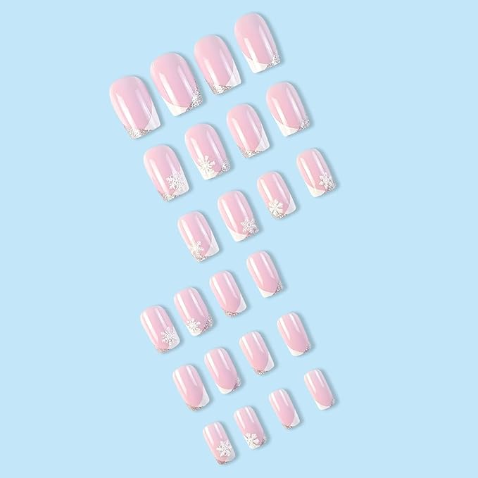 Christmas Press on Nails Medium Square Fake Nail with White Snowflake Designs White Silver French Tip Xmas False Nails Pink Full Cover Winter Stick on Nail for Women 24 Pcs