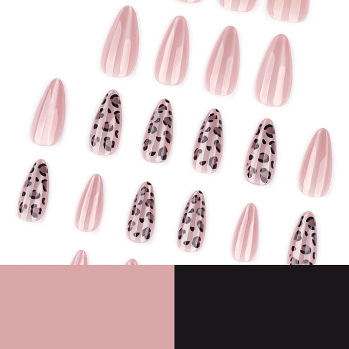 Leopard Press on Nails Medium Almond Fake Nails Nude Cat Eye Nails Press ons with Design,Reusable & Easy Apply Full Cover Stick on Nails for Women Fall Winter Manicure 24Pcs