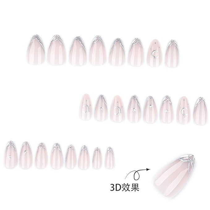 Silver Press on Nails Medium Almond Fake Nails Celestial Nails Press ons with Silver Moons,Stars,Chrome Outlines Design,Reusable Artificial Nail Full Cover Stick on Nails for Women Manicure 24Pcs