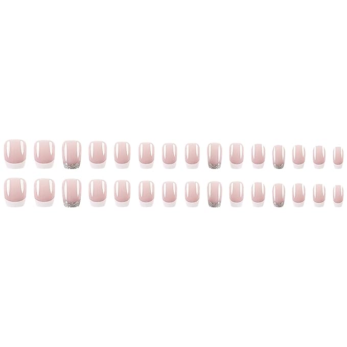 French Tip Glitter Short Square Fake Nails - Pink & White Glossy Design, Sparkly False Nails Glue On with Full Cover Acrylic Stick On Nails - 24 Pcs