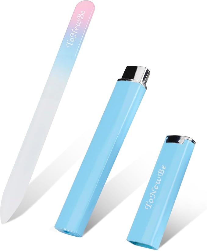 Glass Nail File in Case, Glass Fingernail File, Czech File, Double-Sided Etched Nail File for Nail Art & Nail Care, Christmas Gifts Stocking Stuffers (Pink-Blue)