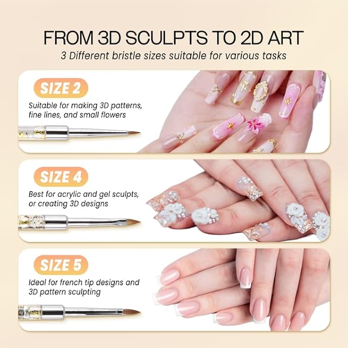 PANA 3D Kolinsky Nail Art Brush - Gold Glitter Handle, Size 2 - Acrylic Nail Art Sculpture Brush for Manicures Pedicure Salon Professional or Beginner