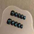 Press on Nails, Short round Fake Nails Gradient blue-green False Nails Large Green Press on Nails for Women Girls Nail Art Decoration - Lagre