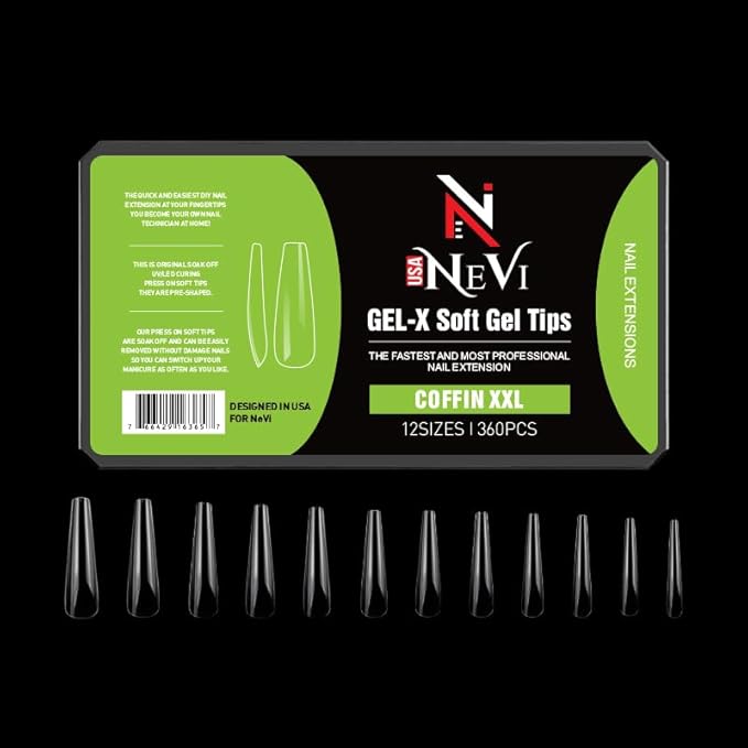 Nail Gel-X Natural Coffin XXL Tips Set - NeVi USA Premium Quality, 360 Tips in 12 Sizes - Complete DIY Nail Extension Kit | No Size 00 Included #10&11 are in the same section #10