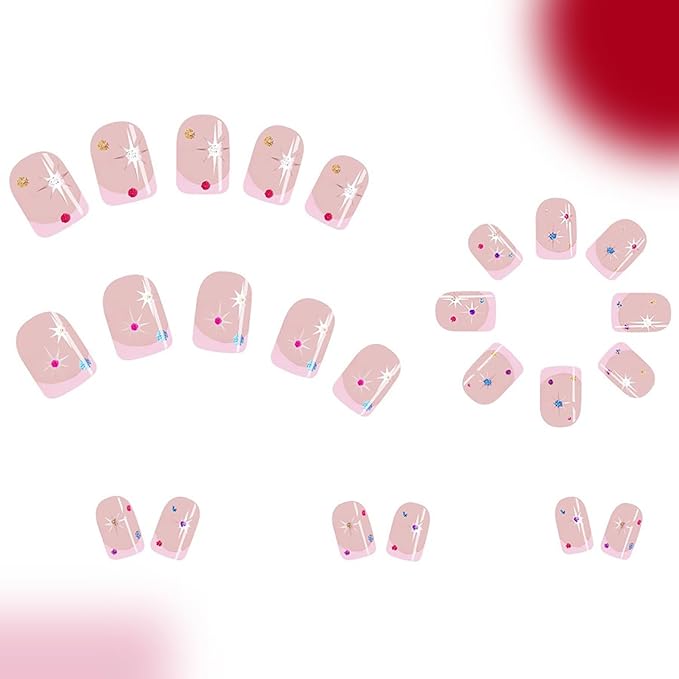 Press on Nails Extra Short Square MABKJLF Pink French Tip Fake Nails False Nails with Designs Colorful Stars Nude Pink Glossy Glue on Nails Cute Stick on Nails for Women Girls 24 Pcs
