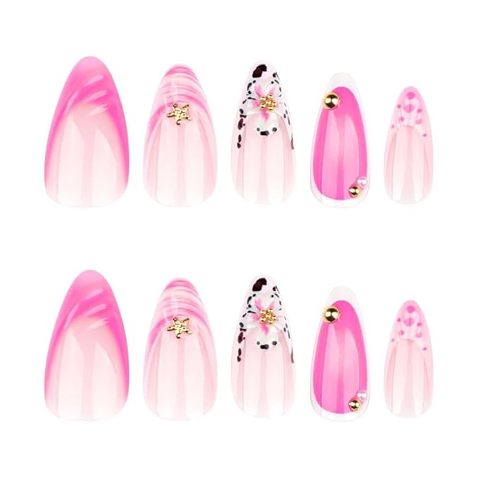 Handmade Press on Nails Medium Almond Fake Nails with White Flower Charm Design Pearl French Tips False Nails Seashell Starfish Stick on Nails Glossy Summer Glue on Nails for Women Manicure 24Pcs