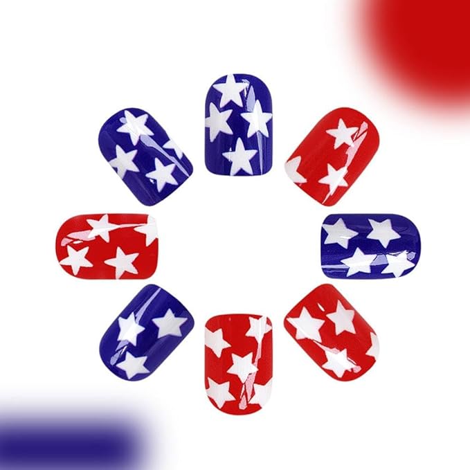 Independence Day Press on Nails Short Square Fake Nails with Star Designs Red False Nails Blue Acrylic Nails Summer Stick on Nail Full Cover 4th of July Glue on Nail for Women Girls Manicure 24Pcs