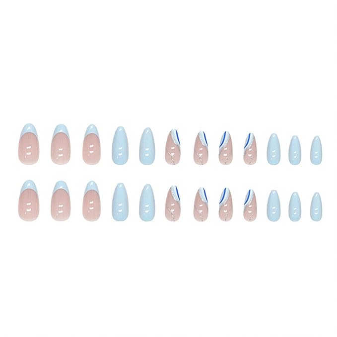 Blue Press on Nails Short Almond Fake Nails Press ons Glitter False Nails with Designs Wave Glossy Full Cover Acrylic Glue on Nails Cute Artificial Stick on Nails for Women Manicure Decoration 24Pcs