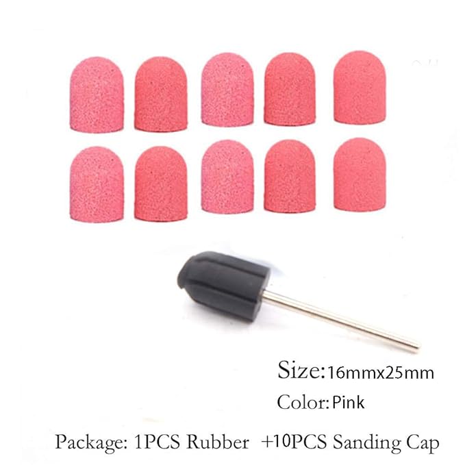 10x Nail Sanding Caps Nail Drill Bits + 1x Rubber Mandrel Grip for Foot File Callus Remover Manicure Pedicure Nail Polishing Burr Home Salon - 16mm*25mm