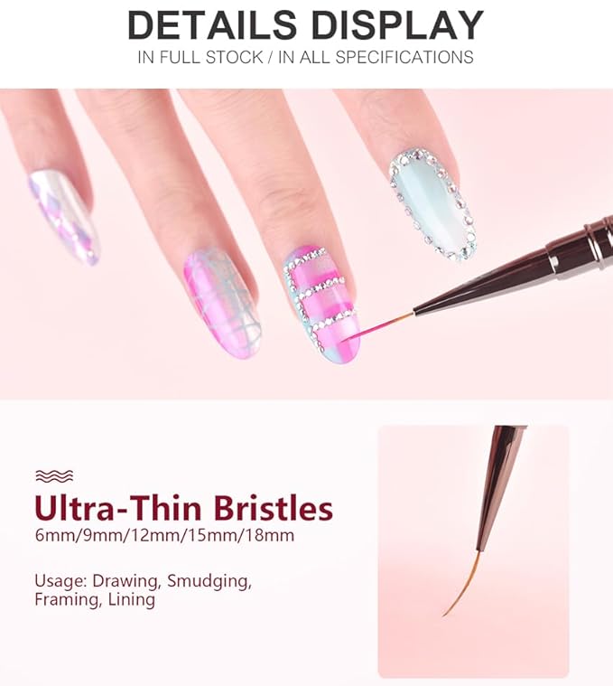 KADS Fine Liner Nail Brush Metal Handle Nail Painting Design Brush Drawing Pen 6mm 9mm 12mm 15mm 18mm (12mm)