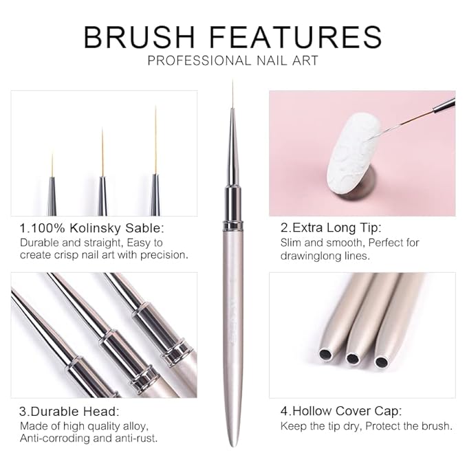 KADS Nail Art Liner Brushes Kolinsky Nail Art Brush Liner Brush UV Gel Polish Painting Nail Design Brush Metal Handle Nail Drawing Pens 8/15/20mm (20mm)
