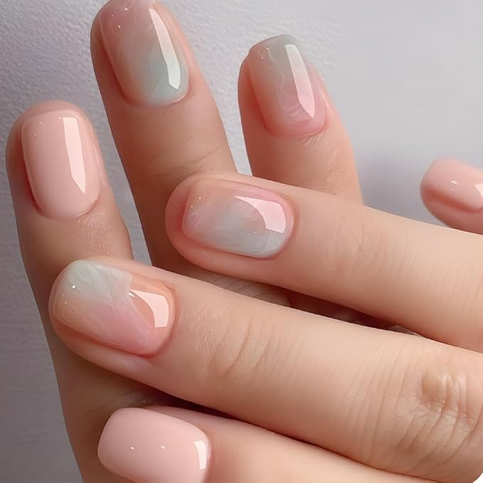 Square Press on Nails Short Fake Nails Press ons with Marble Texture Design Reusable Artificial Nail Full Cover Glossy Glue on Nail Stick on Nails for Women Manicure 24Pcs