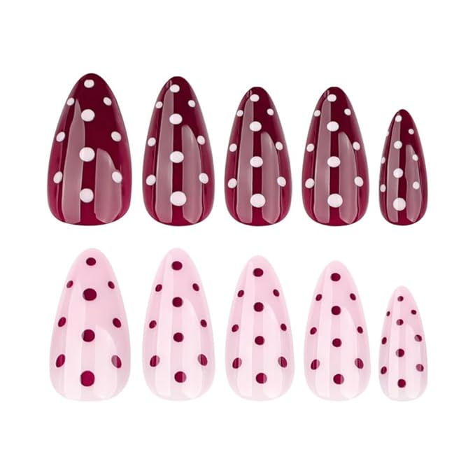 Polka Dot Press on Nails Medium Almond Fake Nails Pink False Nails Press ons with Designs Acrylic Glossy Full Cover Cute Glue on Nails Reusable Artificial Stick on Nail for Women Manicure 24 Pcs
