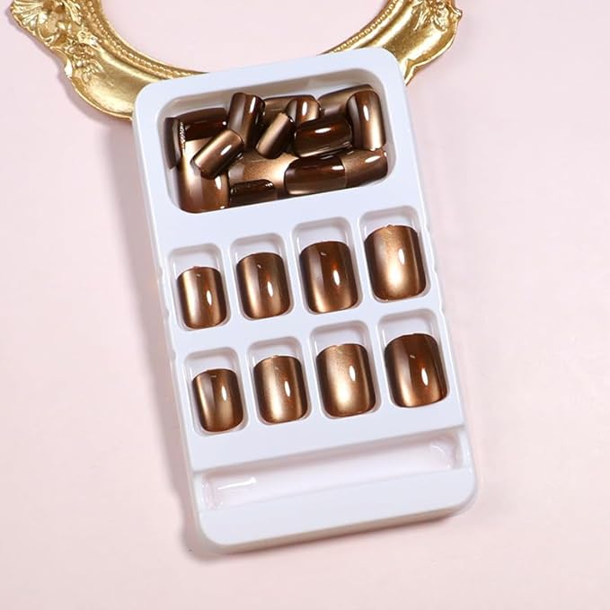 Brown Press on Nails Short Square Fake Nails Glossy Cat Eye False Nails with Shiny Solid Color Acrylic Nails Chrome Glue on Nail for Women Manicure Decoration 24Pcs