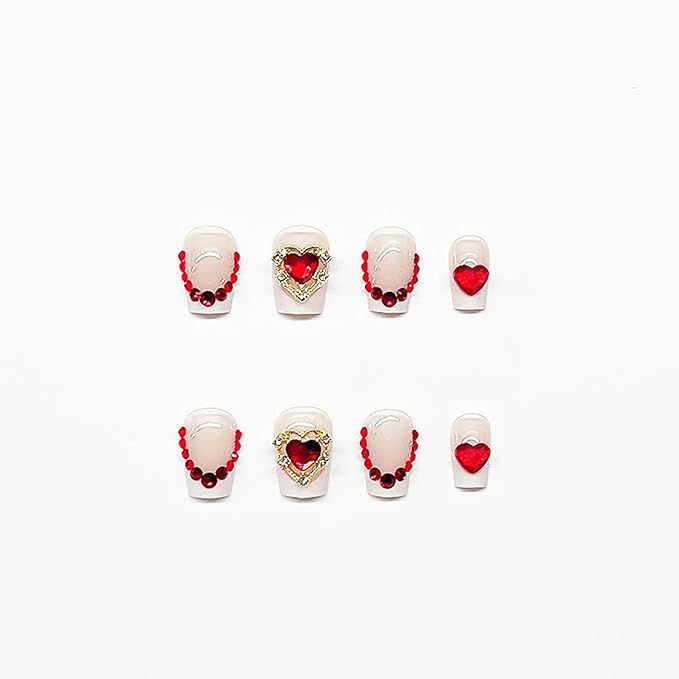RTKHFZE Coffin Press on Nails Short Square Fake Nails White French Tip Glue on Nail False Nails with Red Heart Rhinestones Designs Acrylic Glossy Artificial Nail for Women 24Pcs