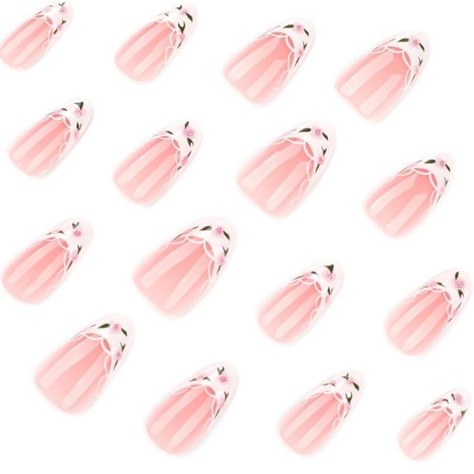 French Tip Press on Nails Medium Almond Fake Nails White False Nails Press ons Lace Rose Glue on Nails Acrylic Artificial Stick on Nail for Women Nail Decoration 24Pcs