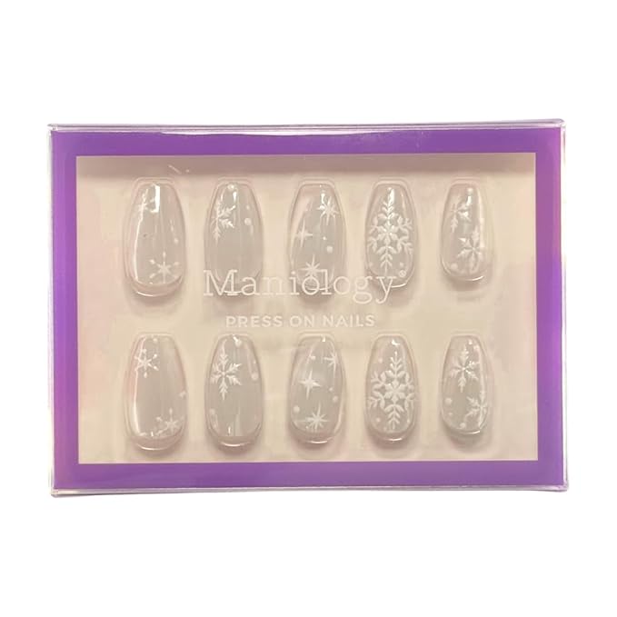 Maniology Press-On Nails Snow Bunny | Short Almond Shape Nail Tips – Snowflakes, Winter-Themed Manicure Designs, Reusable, Durable & Easy Application, 30-Piece 15 Sizes False Nails Kit
