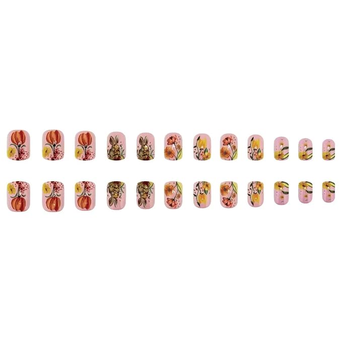 Easter Press on Nails Square - Medium Fake Nails with Buuny Design - Spring, Colorful Flower False Nails - for Women 24 Pcs