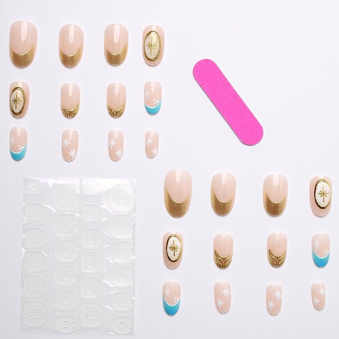 Short Round Press on Nails Gold Chrome Fake Nails French Tip False Nails Press ons with Hexagram Design Reusable Artificial Nail Full Cover Glossy Glue on Nail Stick on Nails for Women Manicure 24 Pcs