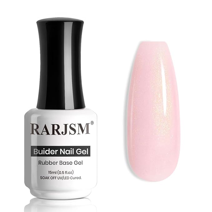 RARJSM Glitter Rubber Base Gel Nail Polish Nude Pale Pink Gold Shimmer Rubber Base for Nails Brush on Quick Extend Builder Hard Gel Soak Off Curing Requires 15ml Salon Home French Manicure