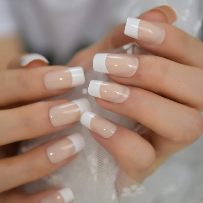 Fake Nails Medium Size Square Squoval Shape Predesigned Press on Nail (Nude French Nails)