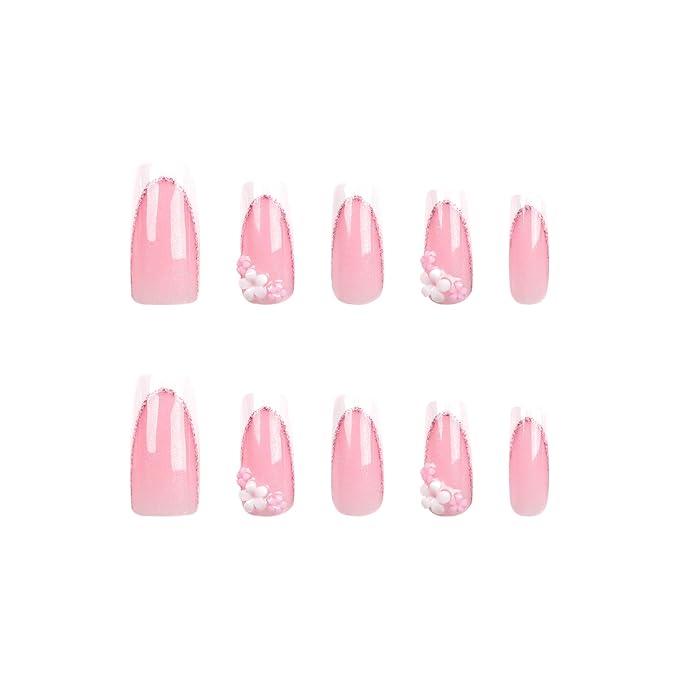 White French tips Press on Nails Medium Long Square Fake Nails 3D Flower Glue on Nails Glitter False Nails Pink Nails Glossy Reusable Spring Nails for Women Girls Manicure 24pcs