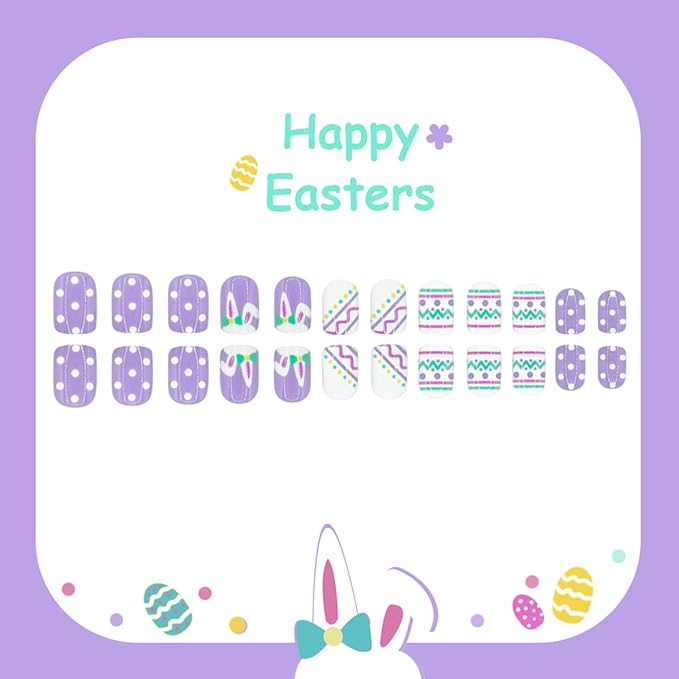 Purple Easter Press on Nails - Short Square Fake Nails with Cute Rabbit | Polka Dot | Colorful Easter Egg Designs False Nails Press ons Full Cover Stick on Nails Easter Nails for Women Manicure 24Pcs