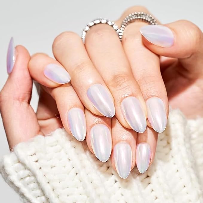 GLAMERMAID Chrome Pearl White Press On Nails Short Almond, Mirror Powder Handmade Soft Jelly Gel Fake Nails, Donut Glazed Round Oval Stick Glue on Nails Kit for Women, Reusable Acrylic False Nail Set