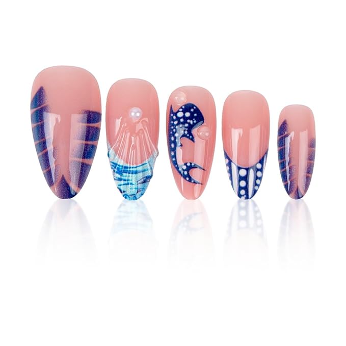 Blue Press on Nails Almond - French Tip Fake Nails with Ocean Design - Medium False Nails Full Cover Stick on Press ons - for Women 24 Pcs