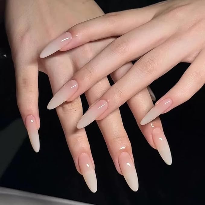 24pcs Long Almond Press On Nails,Translucent Nude Gradient Fake Nails with Jelly Glue,Reusable Stick On Nails for Women & Beauty lovers