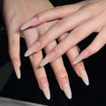 24pcs Long Almond Press On Nails,Translucent Nude Gradient Fake Nails with Jelly Glue,Reusable Stick On Nails for Women & Beauty lovers