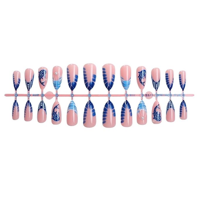 Almond Press on Nails Medium Summer Fake Nails Blue French Tip False Nails Press ons Ocean Fish Acrylic Nails Glossy Glue on Nail for Women Manicure 24Pcs
