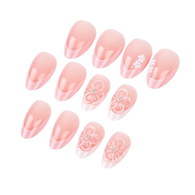 24Pcs Pink French Tip Press on Nails Short Almond Fake Nails with 3D Flower Pearl Design Crystal Acrylic Nails White Floral Artificial Nails Glossy Reusable Pink White French Stick On Nails for Women