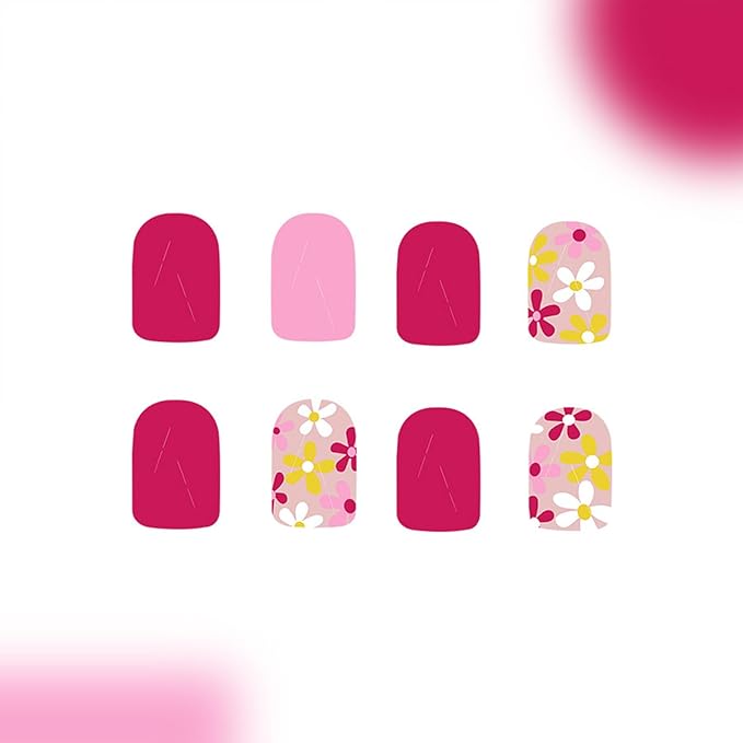 Short Press on Nails Square Pink Fake Nails with Design Yellow Flower Glue on Nails Daisy Stick on Nails Glossy Spring Nails Reusable Summer False Nails for Women 24 Pcs