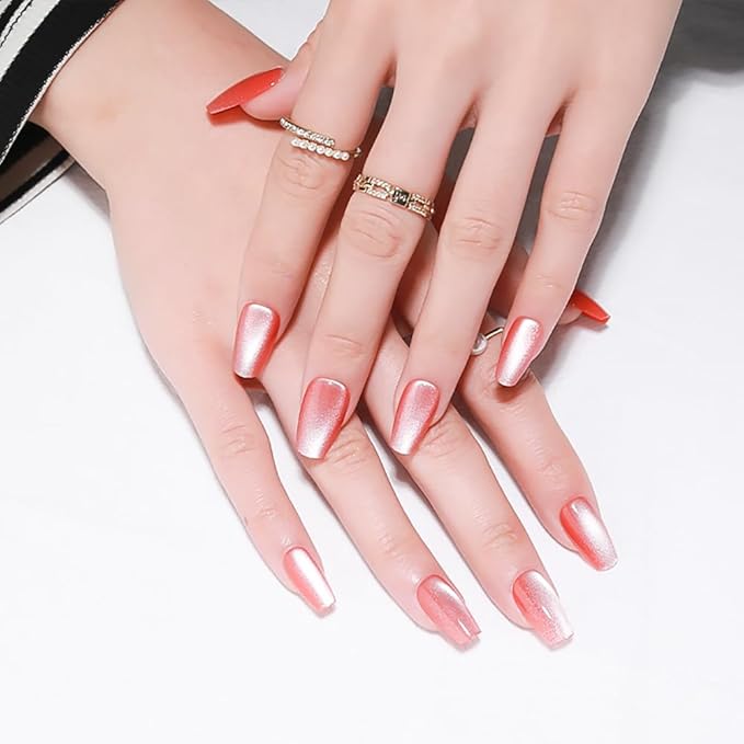 Red Coffin Press On Nails Medium, Cat Eye Press On Nails with Crystal Glow Design, Fashion Gel Fake Nails, Reusable Acrylic Fake Nails, Stick On Nails for Women, Tropical Blush