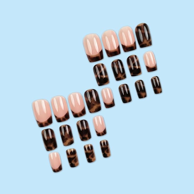 Brown Press on Nails Square Medium Fake Nails Leopard French Tip False Nails Gradient Glue on Nail Reusable Fall Acrylic Nails Full Cover Stick on Nail for Women Manicure 24Pcs