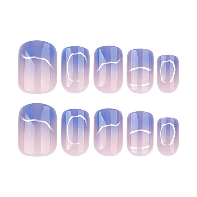 Short Square Press On Nails blue Nude Gradient False Nails with Silver Streaks Acrylic Press in Nail Gel Stick On Nails Set Glue on Nails for Women & Girls 24Pcs