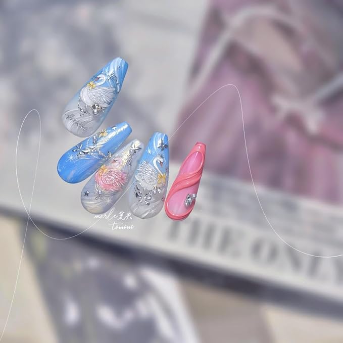 Swan Nail Stickers 5D Embossed Pink Animal Print Nail Art Stickers Self-Adhesive Yellow Bow Nail Decals Silver Butterfly Nail Designs Pearl Frame Nail Art Decoration for Women Manicure 1 Sheet