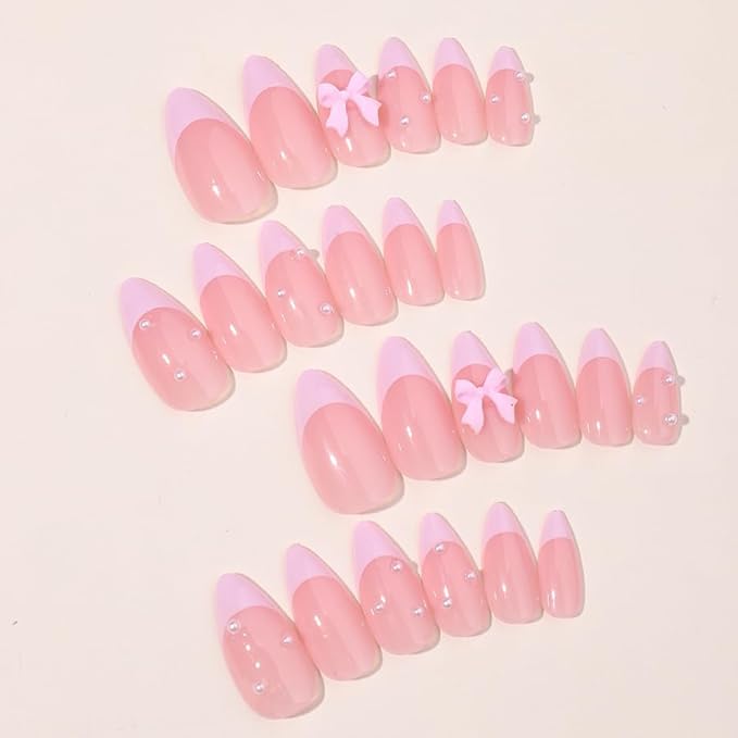 Press on Nails Pink Glossy 3D Flower French Fake Nails French Fake Reusable Nail Kit with Nail Glue Adhesive Tabs Mini Nail File for Women Manicure Art Decoration 24PCS