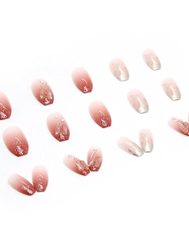 Press On Nails, Medium Length Red Translucent False Nails with Gold Rhinestones, Flame Diamond Texture False Nails for Women and Girls Fake Nails(with free toolkit)