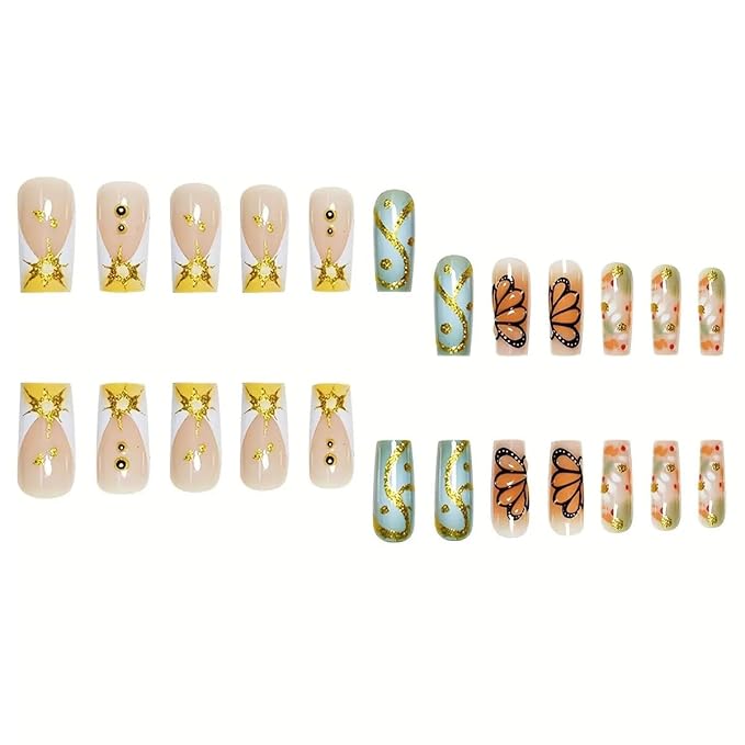 Press on Nails Medium - Square Fake Nails with Butterfly, Gold Stripes Design - Rhinestone, Stick on False Nails for Women 24 Pcs
